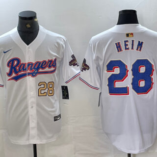 Men's Texas Rangers #28 Jonah Heim White Gold Cool Base Stitched Baseball Jersey