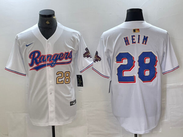 Men's Texas Rangers #28 Jonah Heim White Gold Cool Base Stitched Baseball Jersey