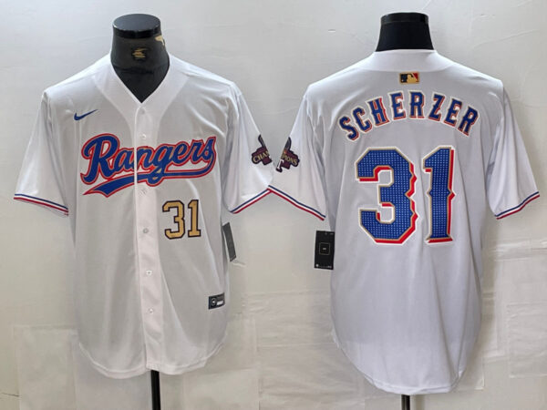 Men's Texas Rangers #31 Max Scherzer White Gold Cool Base Stitched Baseball Jersey