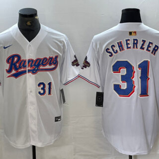 Men's Texas Rangers #31 Max Scherzer White Gold Cool Base Stitched Baseball Jersey