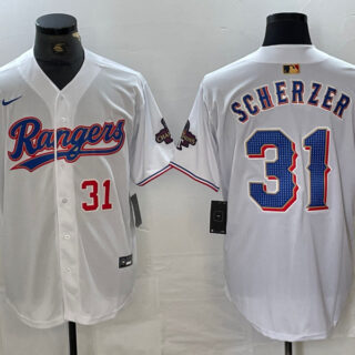 Men's Texas Rangers #31 Max Scherzer White Gold Cool Base Stitched Baseball Jersey