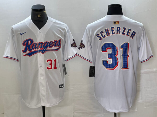 Men's Texas Rangers #31 Max Scherzer White Gold Cool Base Stitched Baseball Jersey