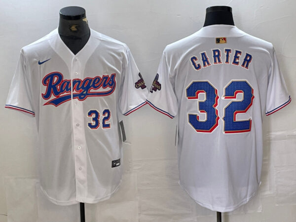 Men's Texas Rangers #32 Evan Carter White Gold Cool Base Stitched Baseball Jersey