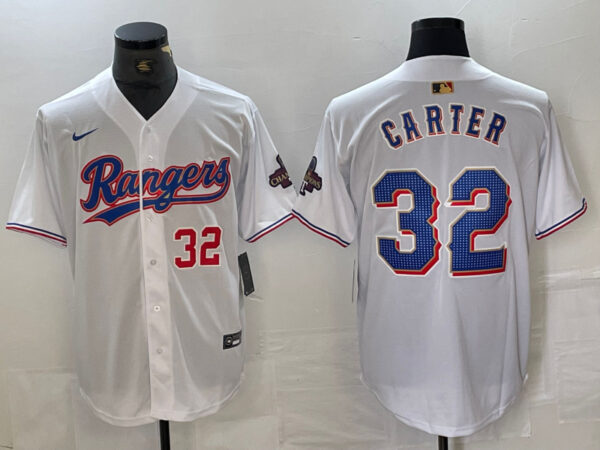 Men's Texas Rangers #32 Evan Carter White Gold Cool Base Stitched Baseball Jersey