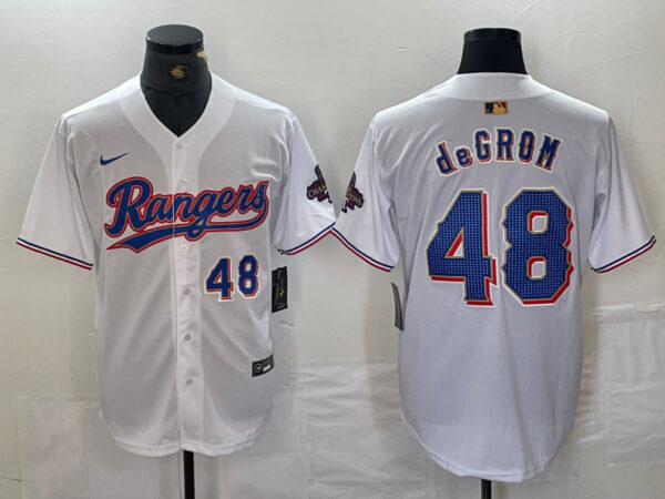 Men's Texas Rangers #48 Jacob DeGrom White Gold Cool Base Stitched Baseball Jersey
