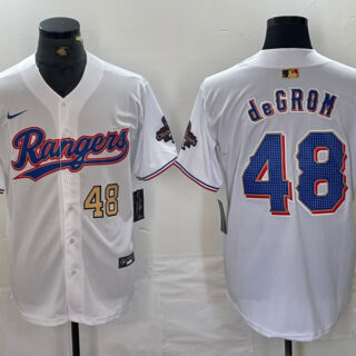 Men's Texas Rangers #48 Jacob DeGrom White Gold Cool Base Stitched Baseball Jersey