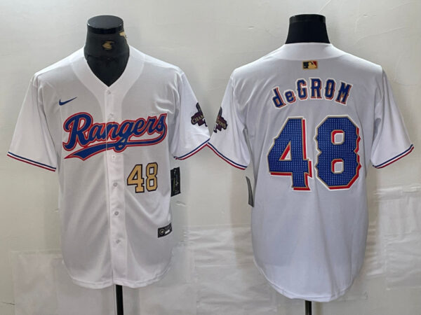Men's Texas Rangers #48 Jacob DeGrom White Gold Cool Base Stitched Baseball Jersey