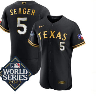Men's Texas Rangers #5 Corey Seager Black Gold 2023 World Series Flex Base Stitched Baseball Jersey