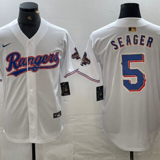 Men's Texas Rangers #5 Corey Seager White 2023 World Series Champions Cool Base Jersey