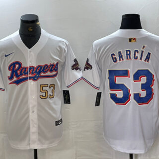 Men's Texas Rangers #53 Adolis García White Gold Cool Base Stitched Baseball Jersey