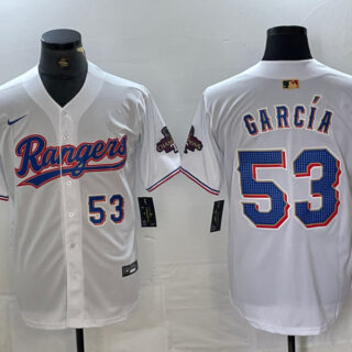 Men's Texas Rangers #53 Adolis García White Gold Cool Base Stitched Baseball Jersey