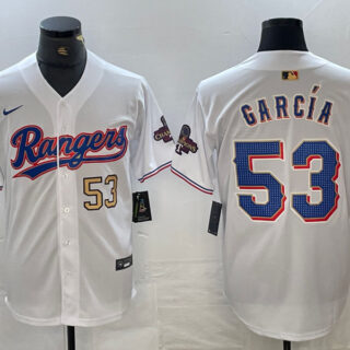 Men's Texas Rangers #53 Adolis García White Gold Cool Base Stitched Baseball Jersey