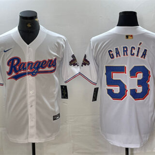 Men's Texas Rangers #53 Adolis García White Gold Cool Base Stitched Baseball Jersey
