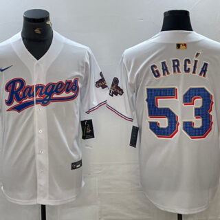 Men's Texas Rangers #53 Adolis Garcia White 2023 World Series Champions Cool Base Jersey