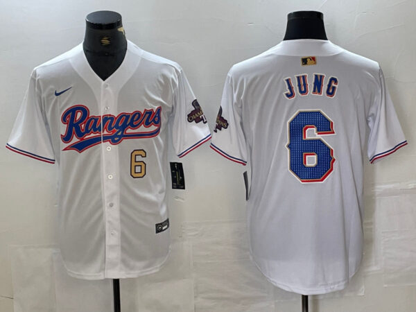 Men's Texas Rangers #6 Josh Jung White Gold Cool Base Stitched Baseball Jersey