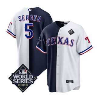 Men's Texas Rangers & Cowboys #5 Corey Seager Navy White 2023 World Series Splite Stitched Baseball Jersey