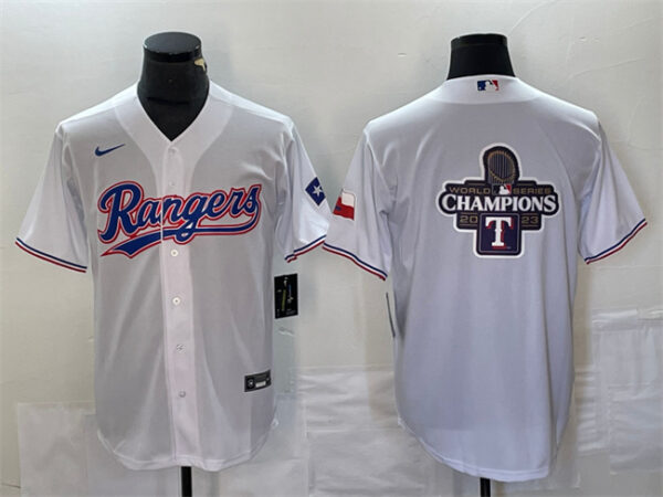 Men's Texas Rangers White 2023 World Series Champions Big Logo With Patch Cool Base Stitched Baseball Jerseys