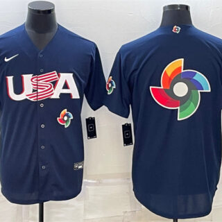 Men's USA Baseball 2023 Navy World Baseball Big Logo With Patch Classic Replica Stitched Jersey