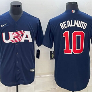 Men's USA Baseball #10 J.T. Realmuto 2023 Navy World Baseball Classic Replica Stitched Jersey