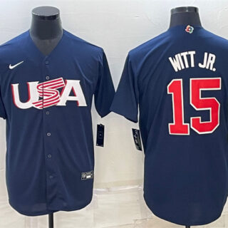 Men's USA Baseball #15 Bobby Witt Jr. 2023 Navy World Baseball Classic Replica Stitched Jersey