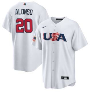 Men's USA Baseball #20 Pete Alonso 2023 White World Baseball Classic Replica Stitched Jersey