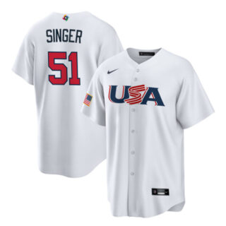Men's USA Baseball #51 Brady Singer 2023 White World Baseball Classic Replica Stitched Jersey