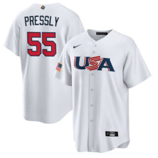Men's USA Baseball #55 Ryan Pressly 2023 White World Baseball Classic Replica Stitched Jersey