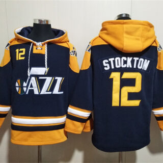 Men's Utah Jazz #12 John Stockton Navy Yellow Lace-Up Pullover Hoodie