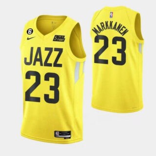 Men's Utah Jazz #23 Lauri Elias Markkanen With No.6 Patch Yellow 2022 23 Association Edition Stitched Basketball Jersey