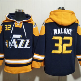 Men's Utah Jazz #32 Karl Malone Navy Yellow Lace-Up Pullover Hoodie