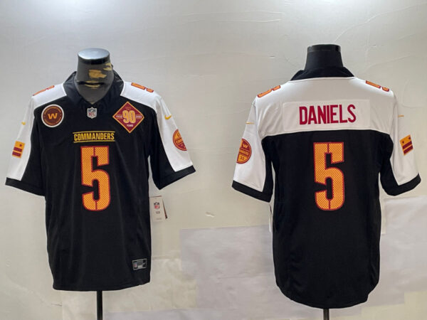 Men's Washington Commanders #5 Jayden Daniels Black White 2024 F.U.S.E. 90th Anniversary Vapor Limited Stitched Football Jerseys