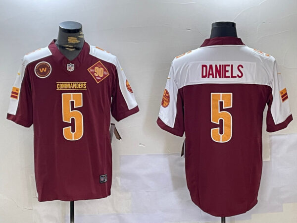 Men's Washington Commanders #5 Jayden Daniels Burgundy White 2023 F.U.S.E. 90th Anniversary Vapor Limited Stitched Football Jerseys