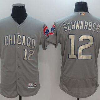 Men Chicago Cubs 12 Schwarber Grey Champion gold character Elite 2021 MLB Jerseys