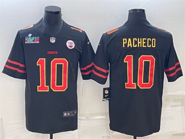 Men's Kansas City Chiefs #10 Isiah Pacheco Black Red Gold Super Bowl LVII Patch Vapor Untouchable Limited Stitched Jersey