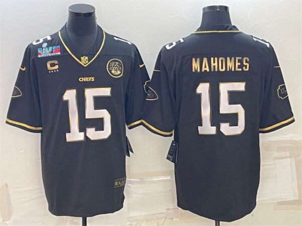 Men's Kansas City Chiefs #15 Patrick Mahomes Black Gold Super Bowl LVII Patch And 4-Star C Patch Vapor Untouchable Limited Stitched Jersey