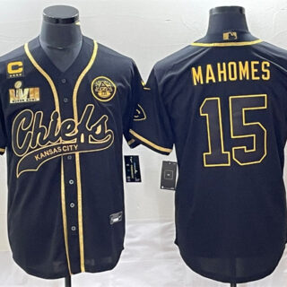 Men's Kansas City Chiefs #15 Patrick Mahomes Black Gold With 4-Star C Patch And Super Bowl LVII Patch Cool Bae Stitched Baseball Jersey