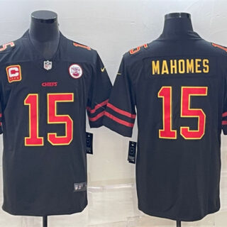 Men's Kansas City Chiefs #15 Patrick Mahomes Black Red Gold 4-Star C Patch Vapor Untouchable Limited Stitched Jersey