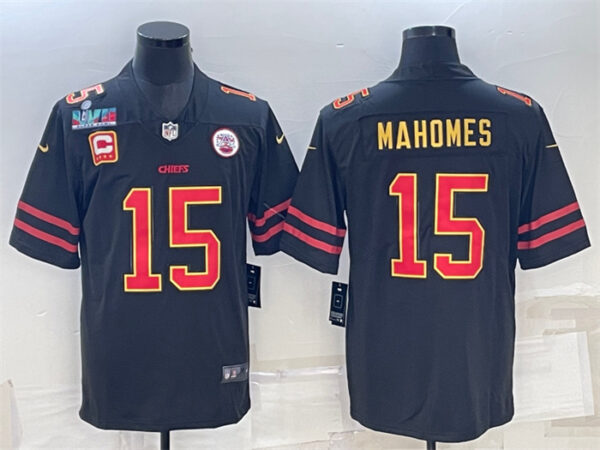 Men's Kansas City Chiefs #15 Patrick Mahomes Black Red Gold Super Bowl LVII Patch And 4-Star C Patch Vapor Untouchable Limited Stitched Jersey