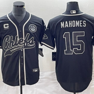 Men's Kansas City Chiefs #15 Patrick Mahomes Black With 4-Star C Patch Cool Bae Stitched Baseball Jersey