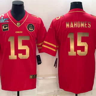 Men's Kansas City Chiefs #15 Patrick Mahomes Red Gold Super Bowl LVII Patch And 4-Star C Patch Vapor Untouchable Limited Stitched Jersey