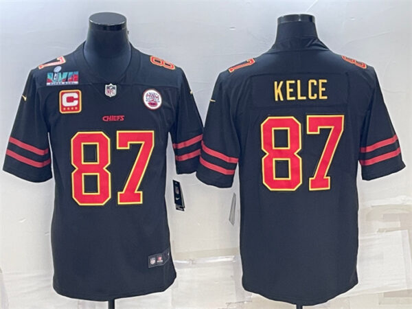 Men's Kansas City Chiefs #87 Travis Kelce Black Red Gold Super Bowl LVII Patch And 4-Star C Patch Vapor Untouchable Limited Stitched Jersey