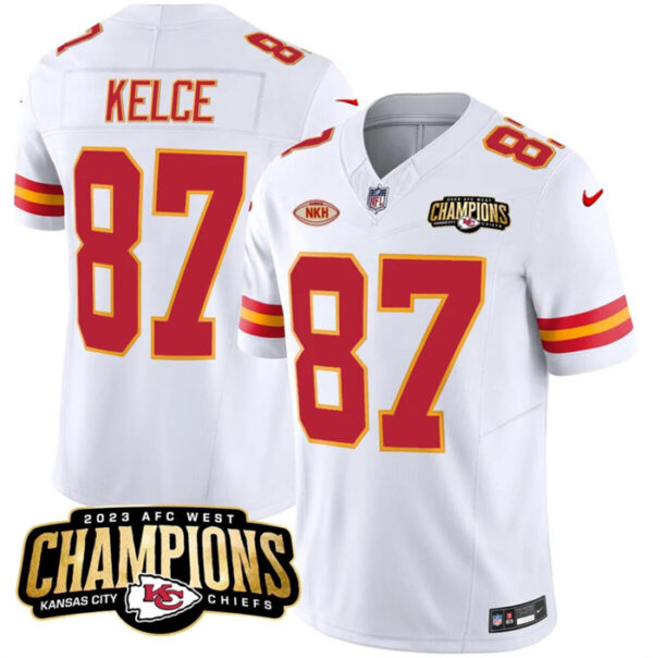 Men's Kansas City Chiefs #87 Travis Kelce White 2023 F.U.S.E. AFC West Champions With NKH Patch Vapor Untouchable Limited Stitched Jersey