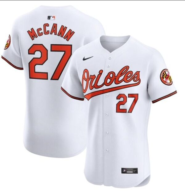 Men's Baltimore Orioles #27 James McCann White Cool Base Stitched Jersey
