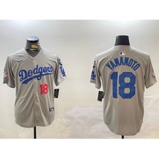 Men's Los Angeles Dodgers #18 Yoshinobu Yamamoto Grey 2024 World Series With Fernando Memorial Limited Stitched Baseball Jersey