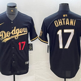 Men's Los Angeles Dodgers #17 Shohei Ohtani Number Black Gold Stitched Cool Base Nike Jersey