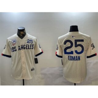 Men's Los Angeles Dodgers #25 Tommy Edman Cream 2024 World Series With No. 34 City Connect Limited Stitched Baseball Jersey