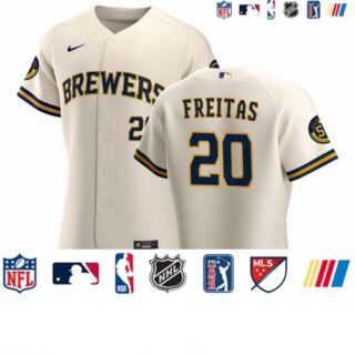 Milwaukee Brewers #20 David Freitas Men's Nike Cream Home 2020 Authentic Player MLB Jersey