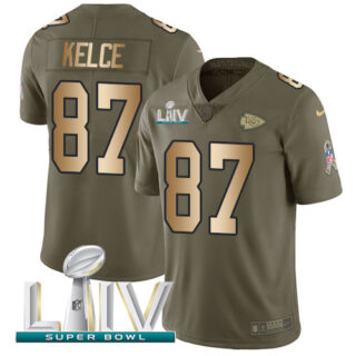 Nike Chiefs #87 Travis Kelce Olive Gold Super Bowl LIV 2020 Men's Stitched NFL Limited 2017 Salute To Service Jersey