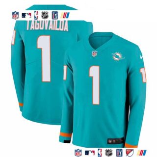 Nike Dolphins #1 Tua Tagovailoa Aqua Green Team Color Men's Stitched NFL Limited Therma Long Sleeve Jersey