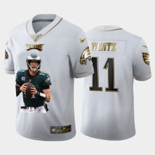 Nike Eagles 11 Carson Wentz White Gold Player Name Logo 100th Season Vapor Untouchable Limited Jersey